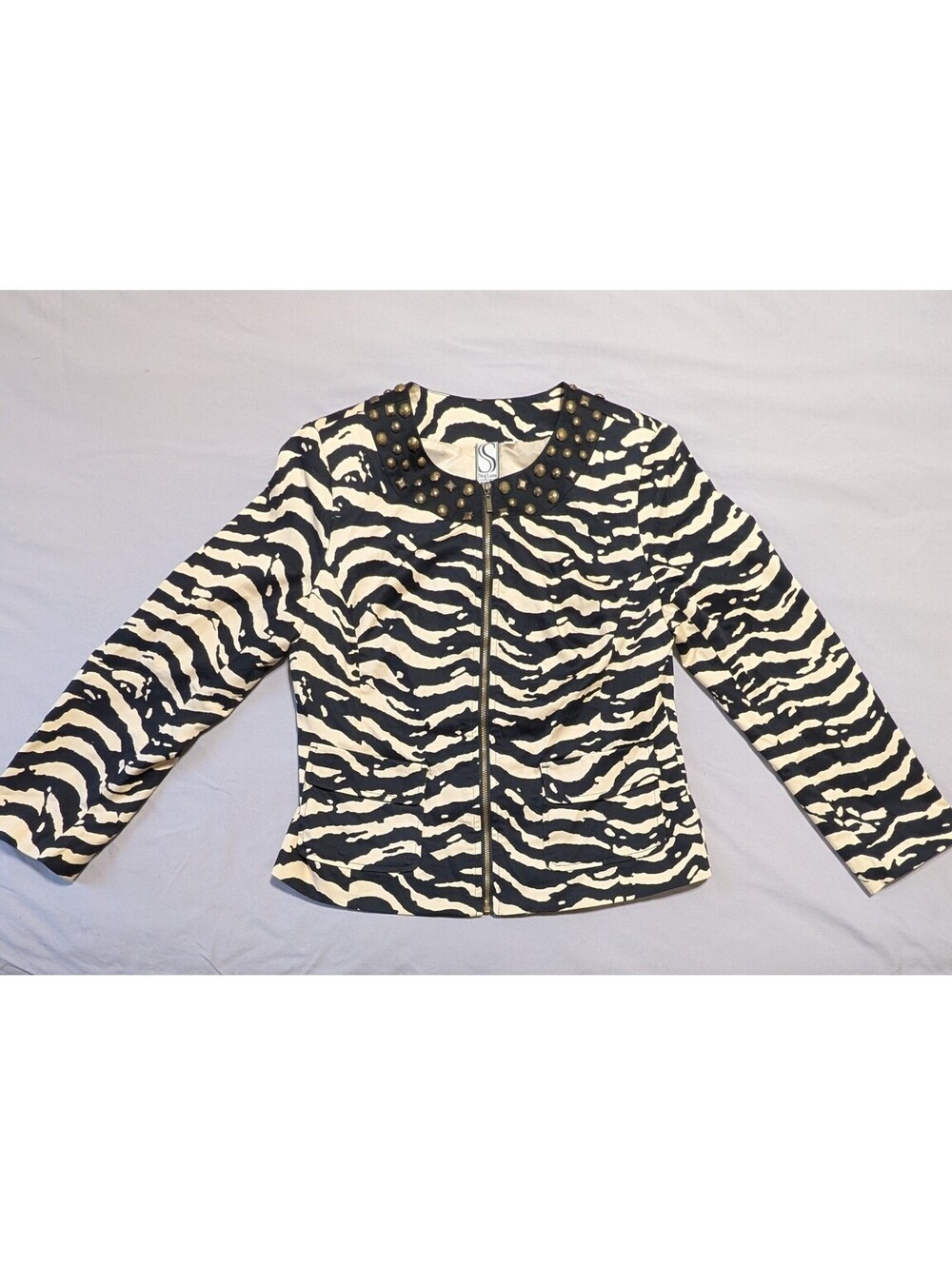 Vintage Silk Land Zebra Print Jacket Studded Collar Full Zip Outerwear Petite PS